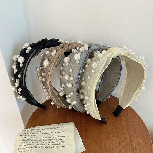 

korean mesh pearl headbands fashion hair accessories for women trend casual hairband wide-brimmed hair band hoop gir headwear, Slivery;white