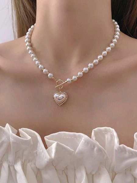 

women's accessories 1pc elegant zinc alloy ot buckle rhinestone faux pearl decor heart pendant necklace for women for daily decoration, Silver