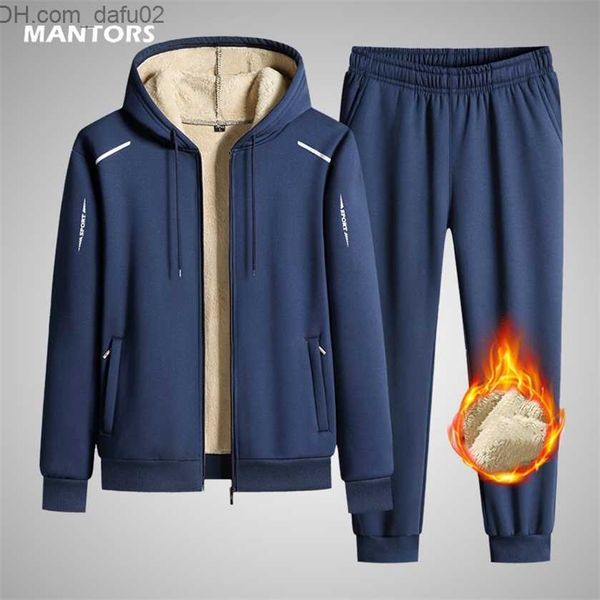 

men's tracksuits men hooded fleece tracksuit casual set winter thicken warm 2 pieces brand 's sports suit jacket pants outerwear 2, Gray