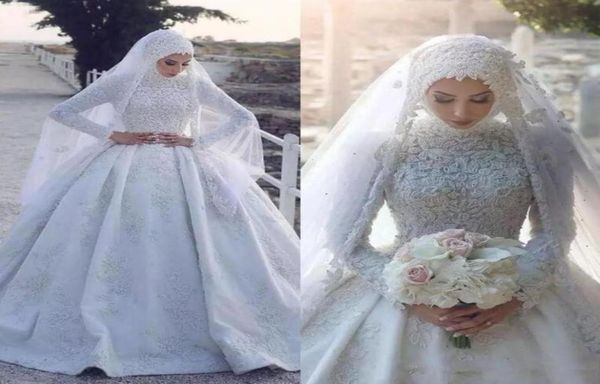 

2019 arabic muslim satin wedding dresses high neck lace appliqued long sleeves bridal gowns ball gown custom made wedding gowns eh1779804, White