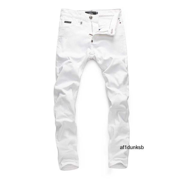 

slim straight plein trousers philipps pants men men's denim jeans skulls men elastic stretch jeans for white party mens 230211, Blue
