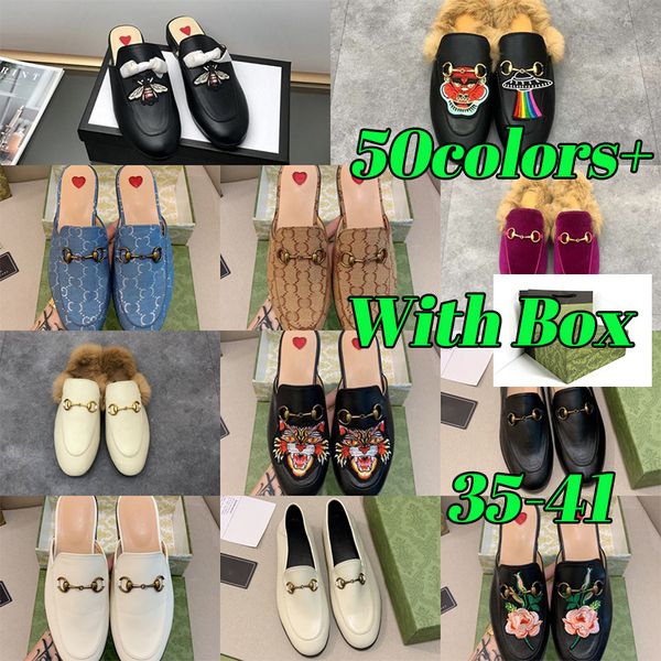 

with box winter men wool slippers classic designer lazy flat baotou flip flops 100% leather lady slides suede letter cowhide metal mens with, Black