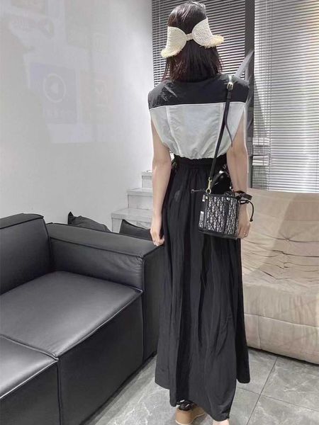 

summer ladies lapel sleeveless splicing high waist elastic short sleeve loose skirt suit, polyester fabric is soft and comfortable, high wai, White