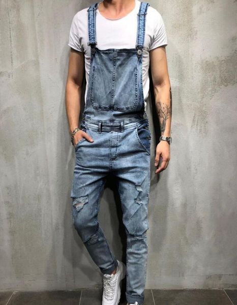 

fashion mens ripped designer jeans jumpsuits distressed hole denim bib overalls for man suspender pants asian size6796799, Blue