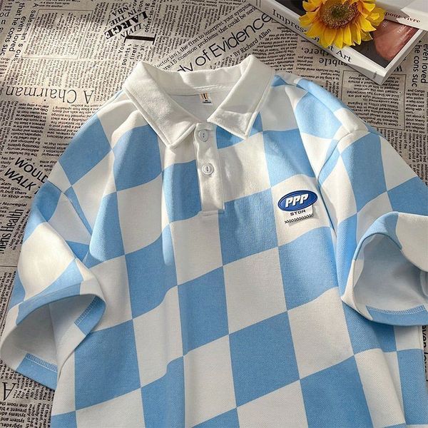 

men's casual shirts american retro trend polo shirt checkerboard love printed graphic tshirt summer men and women loose casual short sl, White;black