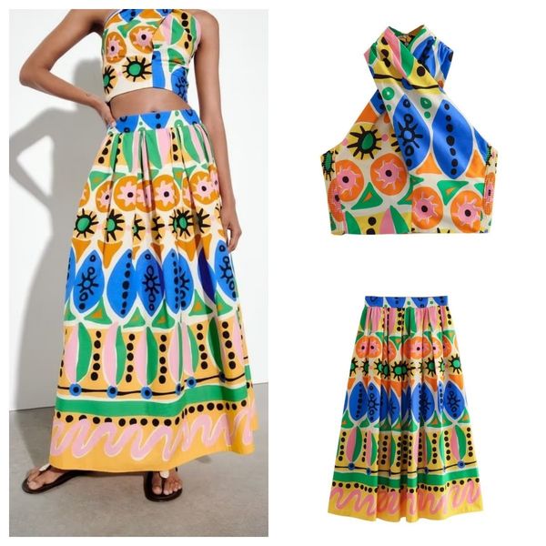 

two piece dress pb za casual fashion womens print neck hanging mid length set 230724, White