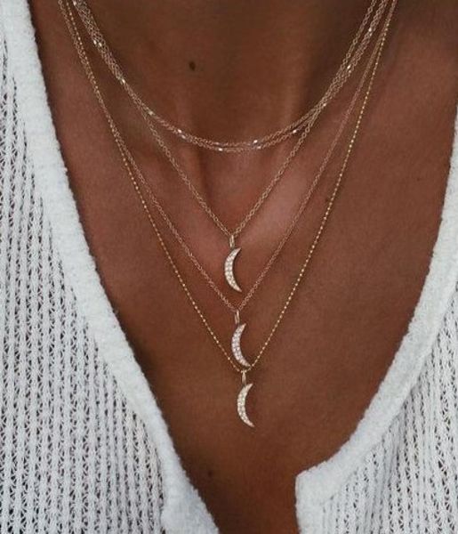 

multi layer necklaces rhinestone cluster layered cresent moon pendant necklace center long lariat chain for women4259859, Golden;silver