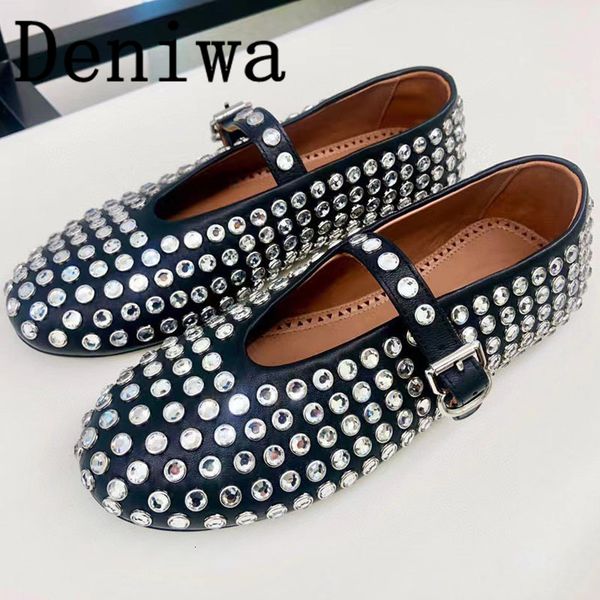 

dress shoes women ballet flats runway nature leather round one ankle belt buckle strap ladies flat with soft shoe 230724, Black