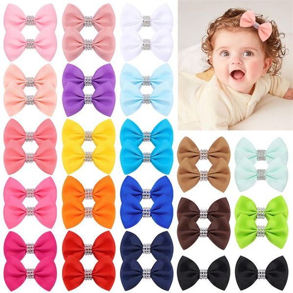 

children handmade bowknot baby girls hair clips grosgrain ribbon bows with diamond bangs hairpin infant headwear hair accessories, Slivery;white