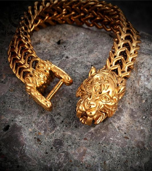 

charm bracelets rock gold color tiger head bracelet men stainless steel cuban chain bangles punk male creative accessories viking 5606785, Golden;silver