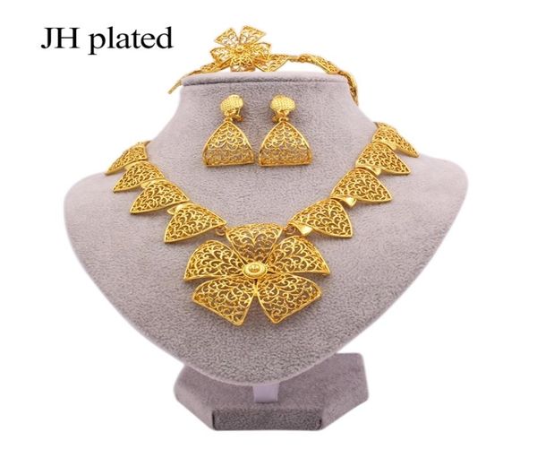 

jewelry sets 24k dubai gold color wedding for women necklace earrings bracelet ring african bridal gifts collares jewellery set 202232765, Slivery;crystal
