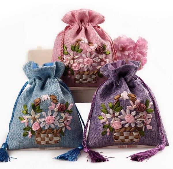 

ship 20pcs handmade1317cm flower embroider brocade brocart bag linen sack jewelry bags candy beads bags wedding party gift b7137425, Pink;blue