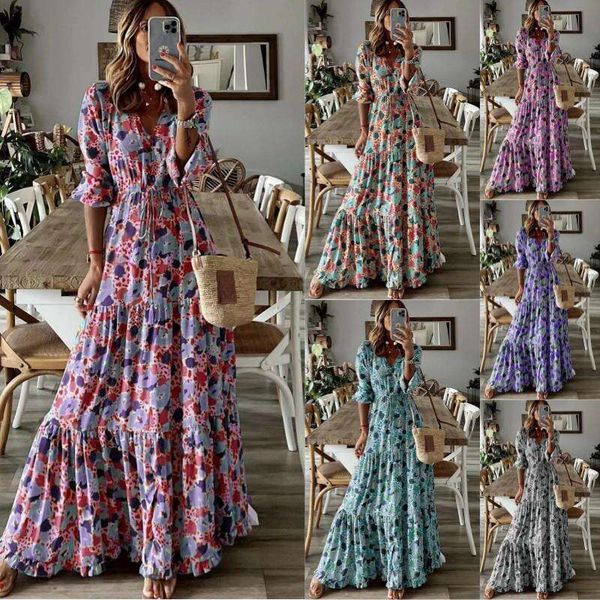 

summer womens elegant v neck print long dress, Black;gray