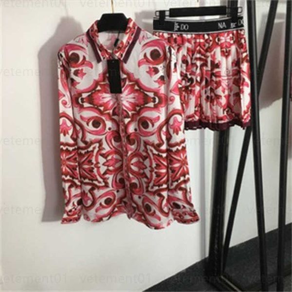 

designer shirt short even dress two piece sweat set vintage printed lapel long sleeve blouse high waist pleated short half skirt summer wome, White