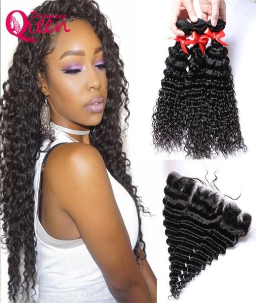 

unprocessed brazilian virgin human hair deep wave hair extensions 3 bundles with 13x4 lace frontal bleached knots natural hairline3558918, Black;brown