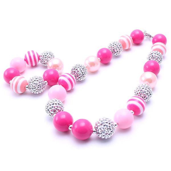 

new european and american pink beaded necklace bracelet hair strap three piece set kid chunky necklace, Silver