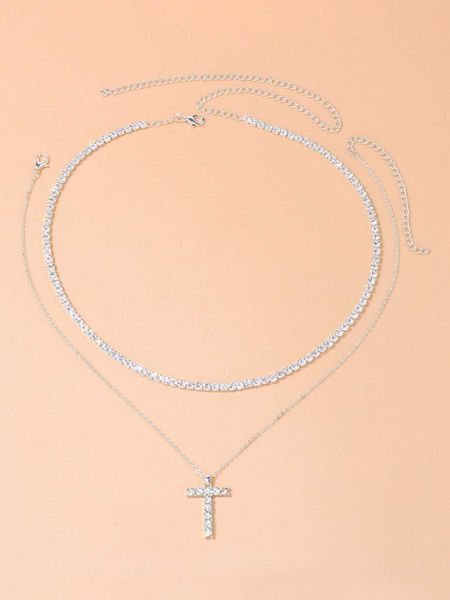 

women's accessories 2pcs/set rhinestone cross charm necklace, Silver