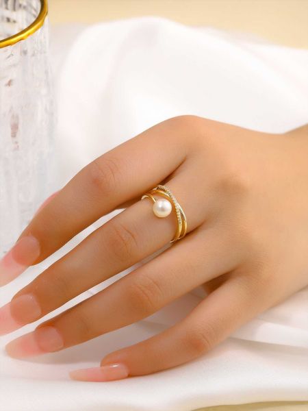 

women's accessories faux pearl cubic zirconia decor ring, Silver