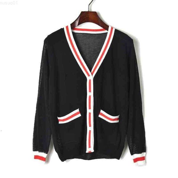 

women's sweaters summer new color contrast v-neck double pocket thin perspective long sleeve sweater sun protection cardigan air condit, White;black