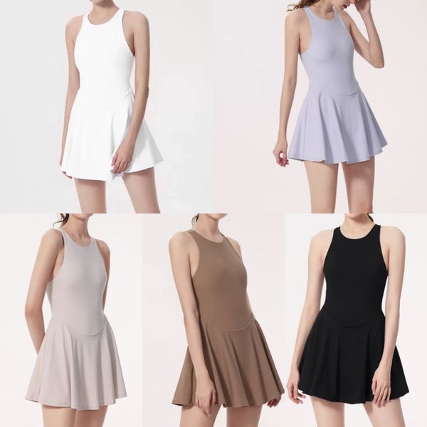 

designer fashion brand solid color women sports one-piece dress quick dry tennis skirt anti-glare fitness women yoga dress cross back strap