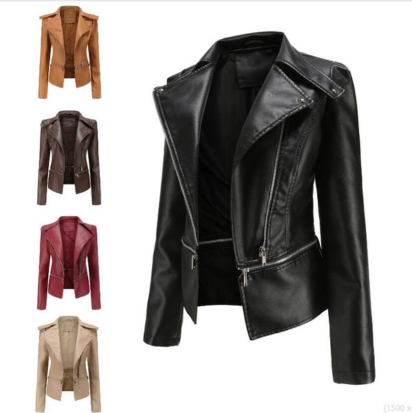 

2023 new women's pu leather v-neck faux leather coat women short jacket slim fit thin coats motorcycle wear outerwear lower edge detach, Black