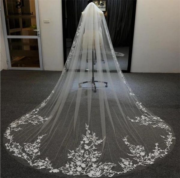 

wedding veil appliqued floral 1 tier long cathedral lace edge exquisite elegant bridal veils for bride with comb4726002, Black