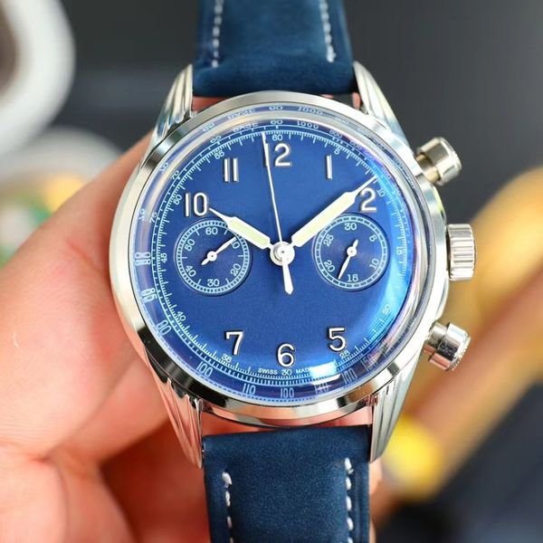 

pp vintage men's chronograph watch denim blue dial fluorescent coating stereoscopic characters perfect shipping sapphire automatic luxu, Slivery;brown