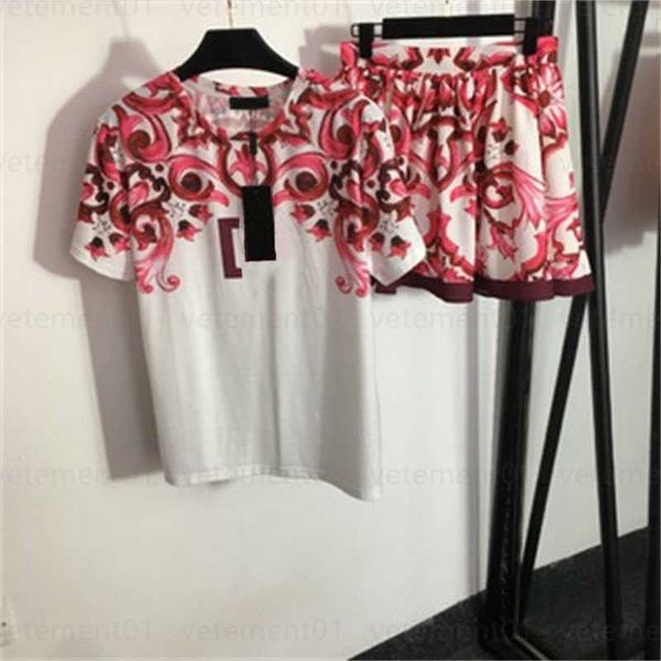 

summer t shirt suit lady designer dress two piece set designer vintage floral letter printed short sleeve t-shirt high waisted short skirt w, White
