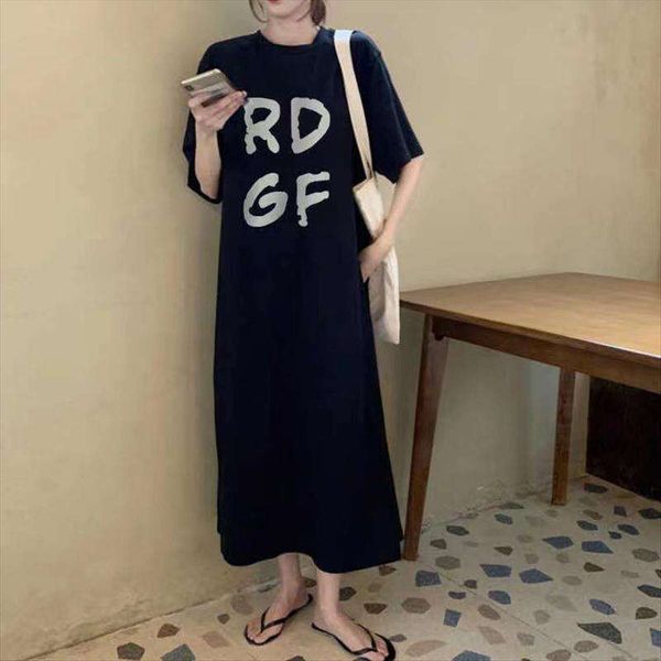 

cec temperament dress short sleeved female summer letter print knee length lazy long, Black;gray