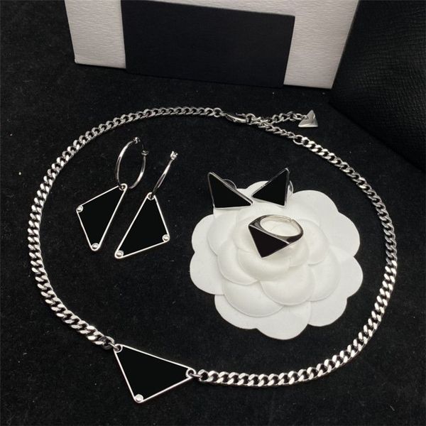 

trendy simple headdress set stylish triangle designer earrings hip hop metal chain necklace women open ring steel seal eardrop, Black