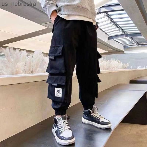 

2023 spring new boys loose fashion causal solid color korean version elastic waist cotton spliced pocket street cargo pants l230518, Blue