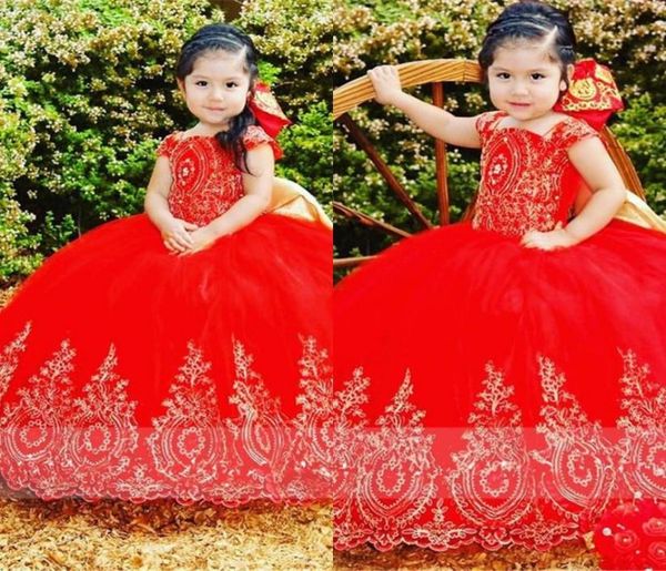 

2022 luxurious gold embroidered mini quinceanera dresses toddler sheer cap short sleeves straps tulle ball gown girls pageant dres4391448, White;red