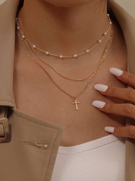 

women's accessories 3pcs/set fashion stainless steel faux pearl decor cross pendant necklace for women for daily decoration, Silver