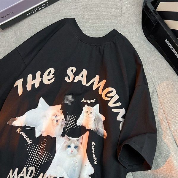 

men's casual shirts european and american retro cat print tshirt men women summer loose sweet niche couple outfit allmatch halfsleeved, White;black