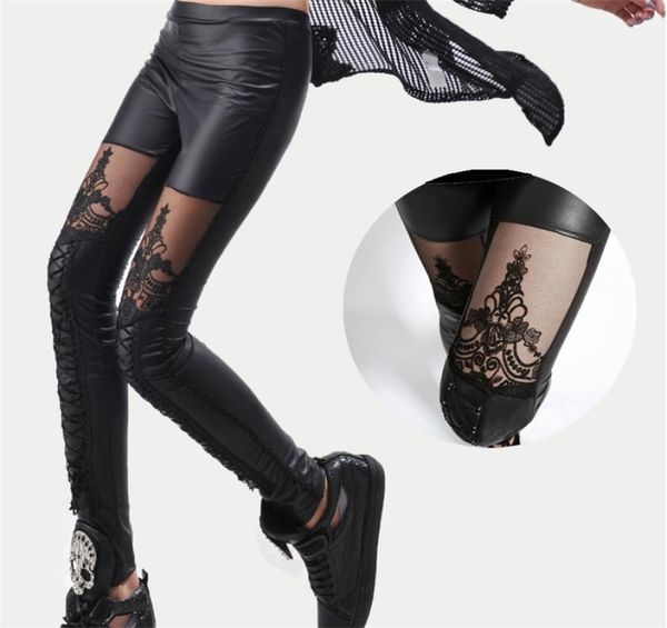 

whole punk black faux leather gothic lace legging women bandage lace up leggings pants trousers lj200926103651