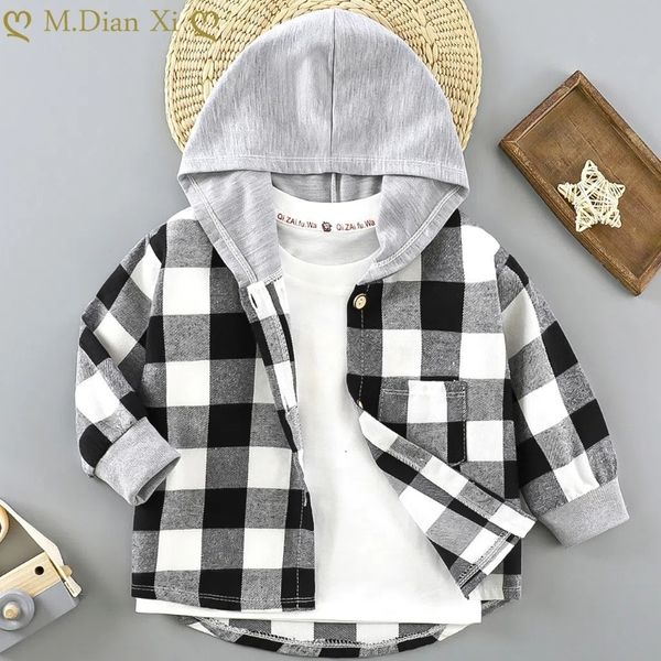 

kids shirts spring and autumn children s clothing boys hooded plaid girls baby long sleeve checkered bottoming coat 230724, White;black