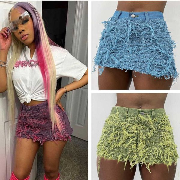 

women's skirt 2023 summer new tassel tight elastic denim short skirt, Black