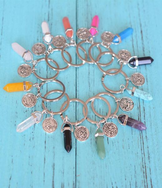 

12 zodiac sign constellations crystal pendulums key rings keychain natural stone hexagonal prism fashion key chain jewelry keyring3865435, Slivery;golden