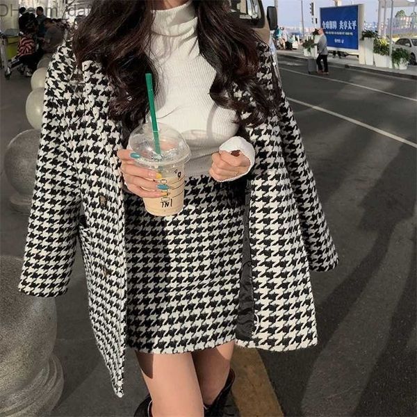 

two piece dress two piece dress leiouna 2 set retro houndstooth channel style midlength coat high waist skirt winter suits women basic jacke, White