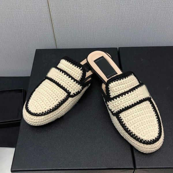 

women's cord crochet knit moccasin slides slippers designer shoes interlocking c flats brands mules beige tan black paris fashion close
