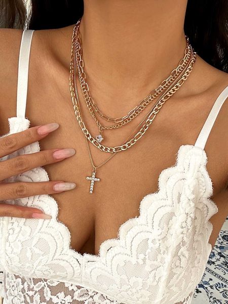 

women's accessories 4pcs/set rhinestone cross heart pendant necklace, Silver