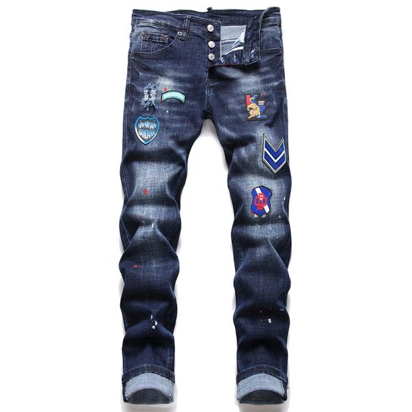

mens jeans vintage designer jeans leather washed straight jeans trousers long pants personality brand locomotive fold slim skinny fashion je, Blue