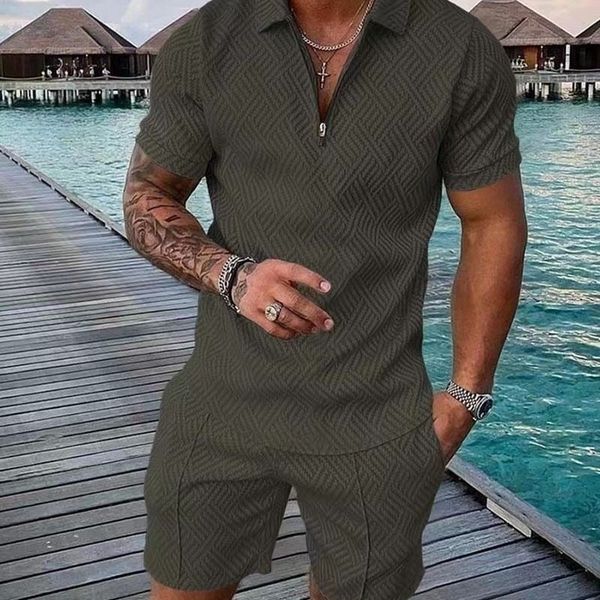 

men's tracksuits men zipup polo shirt and shorts set 6638 230725, Gray