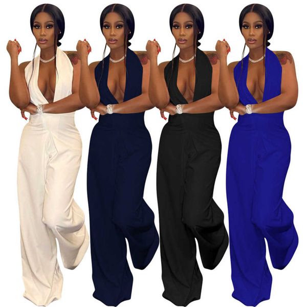 

summer backless jumpsuits women wide leg pants sleeveless solid rompers v neck overalls night wear club, Black;white