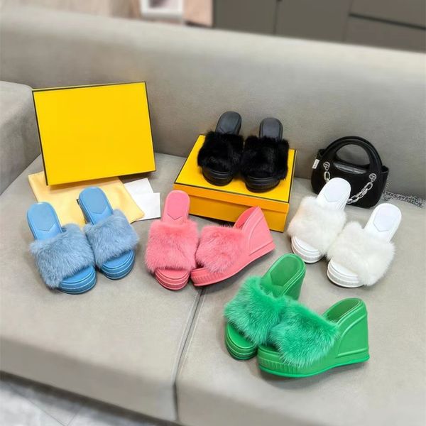 

f fashion show sandal women mink fur wedges 8.5cm high heel pump dress shoes for wedding party plush warm autumn slippers elevator shoes wed, Black