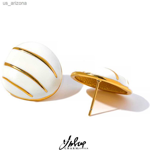 

yhpup white color enamel stainless steel france vintage stud earrings for women 18k pvd plated stylish jewelry new bijoux femme l230620, Golden;silver
