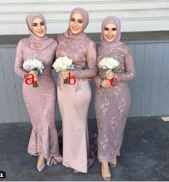 

2019 arabic long bridesmaid dresses crew long sleeve mermaid gorgeous evening prom dress gowns with lace applique bead chea3643769, White;pink