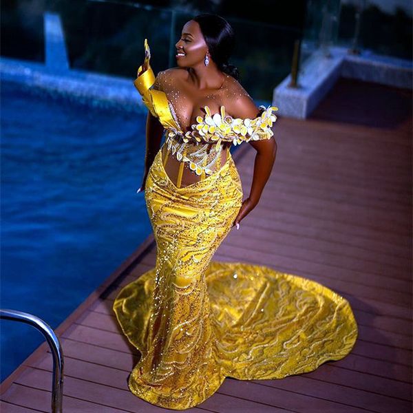 

2023 aso ebi yellow mermaid prom dress sequined lace beaded evening formal party second reception birthday engagement gowns dresses robe de, Black
