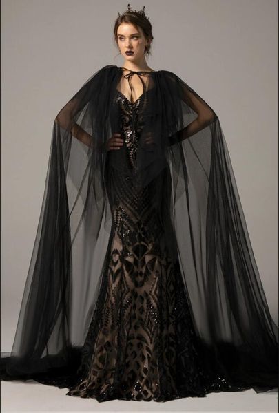

black and nude gothic wedding dresses bridal gowns mermaid with detachable train v neck trumpet bride dress sequined lace, White