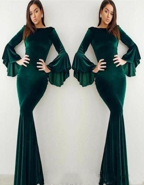 

popular velvet dark green evening dresses flare long sleeves mermaid arabic celebrity gowns prom dresses plus size8200963, Black;red